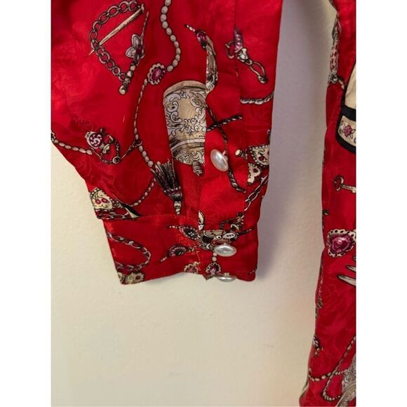 Vintage Studio Red Satiny Ornate Chain and Jewel Print Button Down Blouse M/L - Picture 3 of 6